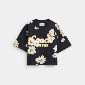 Coach Floral Cropped Signature Script In Organic Cotton T-shirts Dames Zwart | NL_CH77610