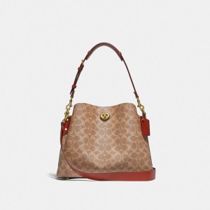 Coach Willow In Signature Schoudertassen Dames Bruin Rood | NL_CH81414