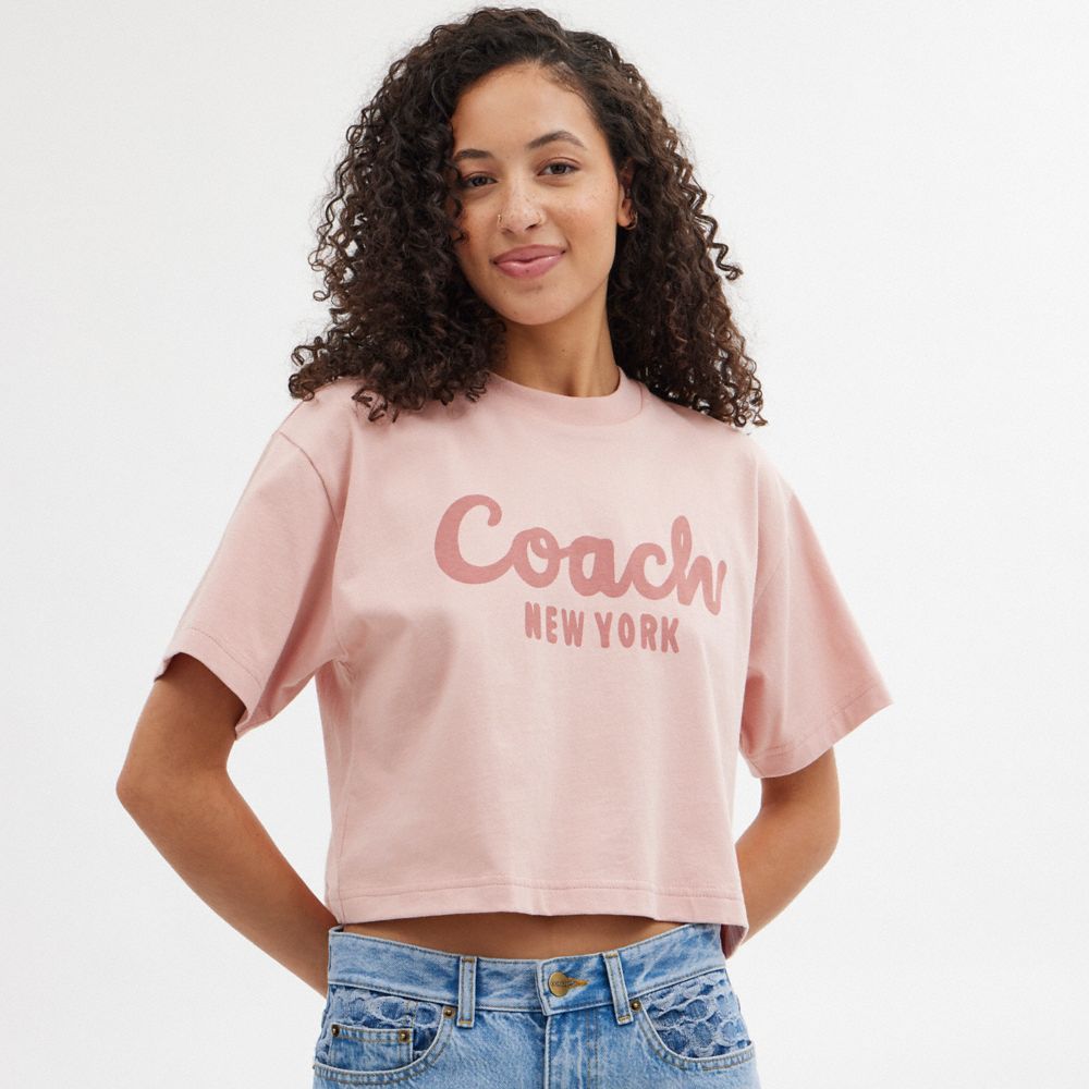 Coach Cursive Signature Cropped T-shirts Dames Roze | NL_CH71892