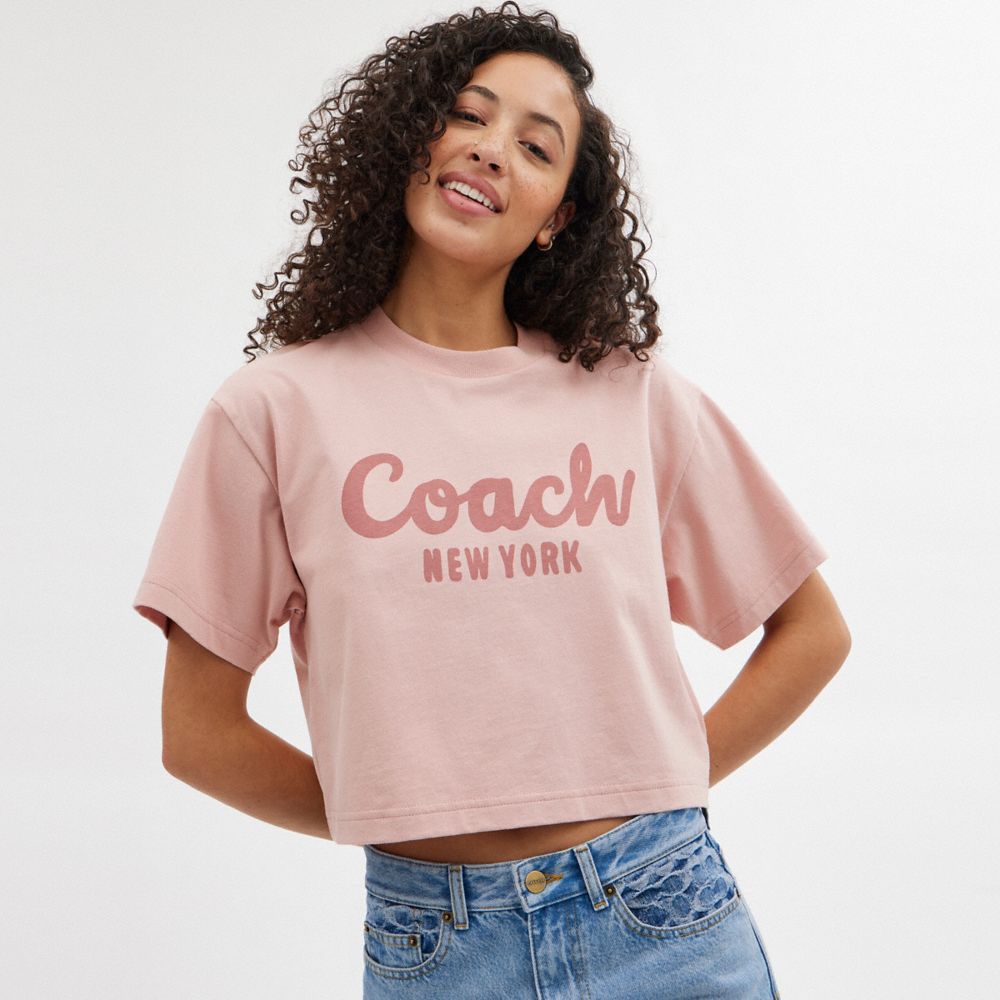 Coach Cursive Signature Cropped T-shirts Dames Roze | NL_CH71892