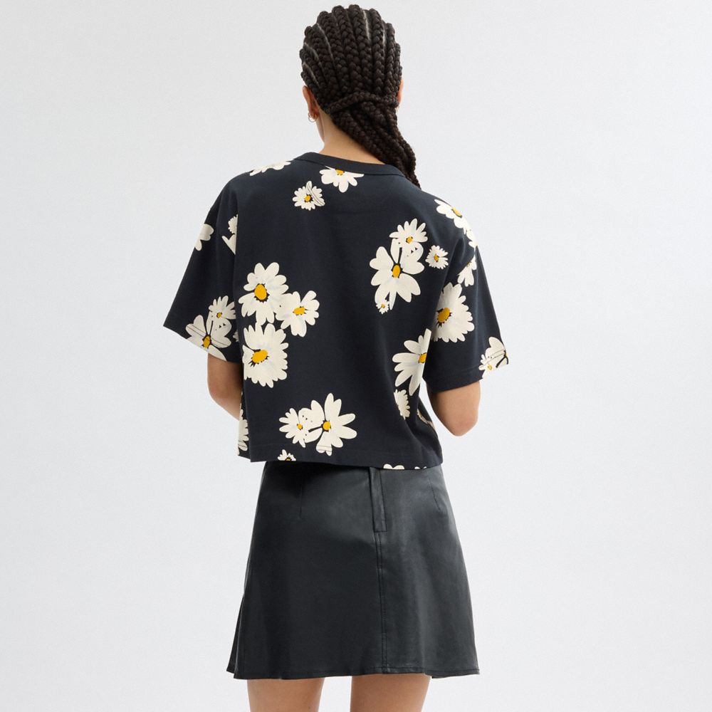 Coach Floral Cropped Signature Script In Organic Cotton T-shirts Dames Zwart | NL_CH77610