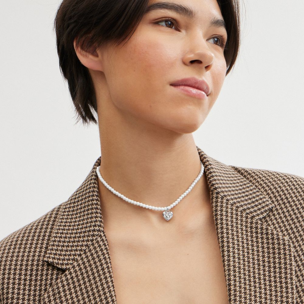 Coach Heart Pearl Choker & Clear Ketting Dames Zilver | NL_CH26155